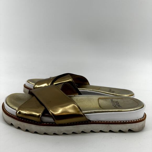 Stuart Weitzman Roza Crisscross Slides Sandals Slip On Leather Metallic Gold 7.5 - Picture 4 of 7